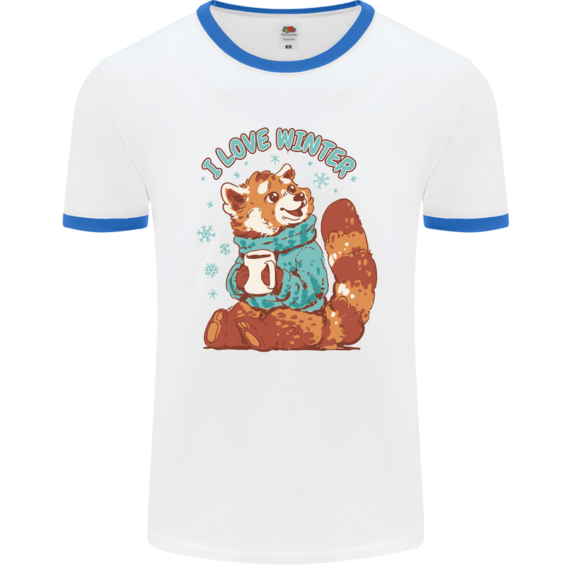 Red Panda Bear I Love Winter Mens White Ringer T-Shirt White/Royal Blue