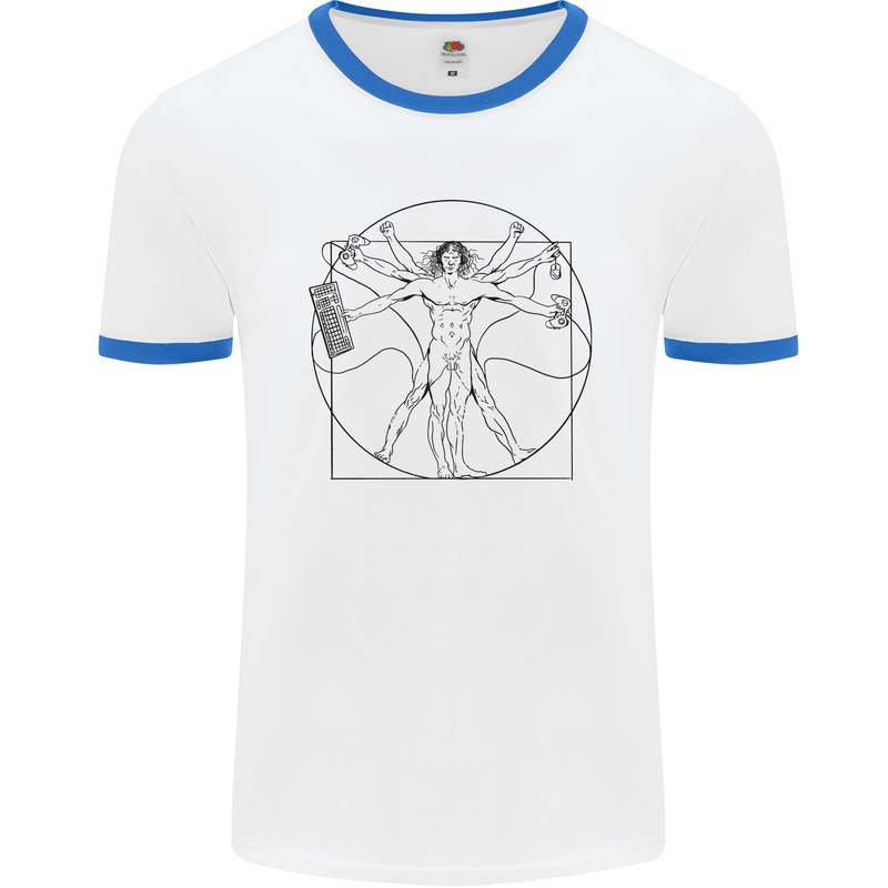 Gaming Vitruvian Gamer Funny Video Games Mens White Ringer T-Shirt White/Royal Blue