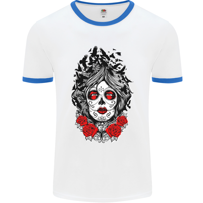 Day of the Dead Sugar Skull DOTD Mexico Mens White Ringer T-Shirt White/Royal Blue