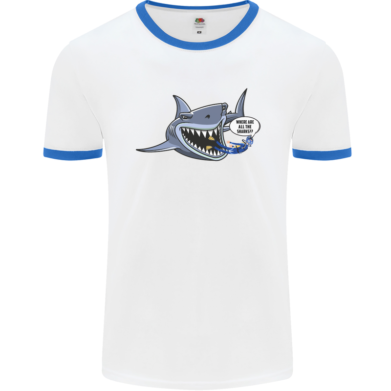 Where Are the Sharks? Scuba Diving Diver Mens White Ringer T-Shirt White/Royal Blue