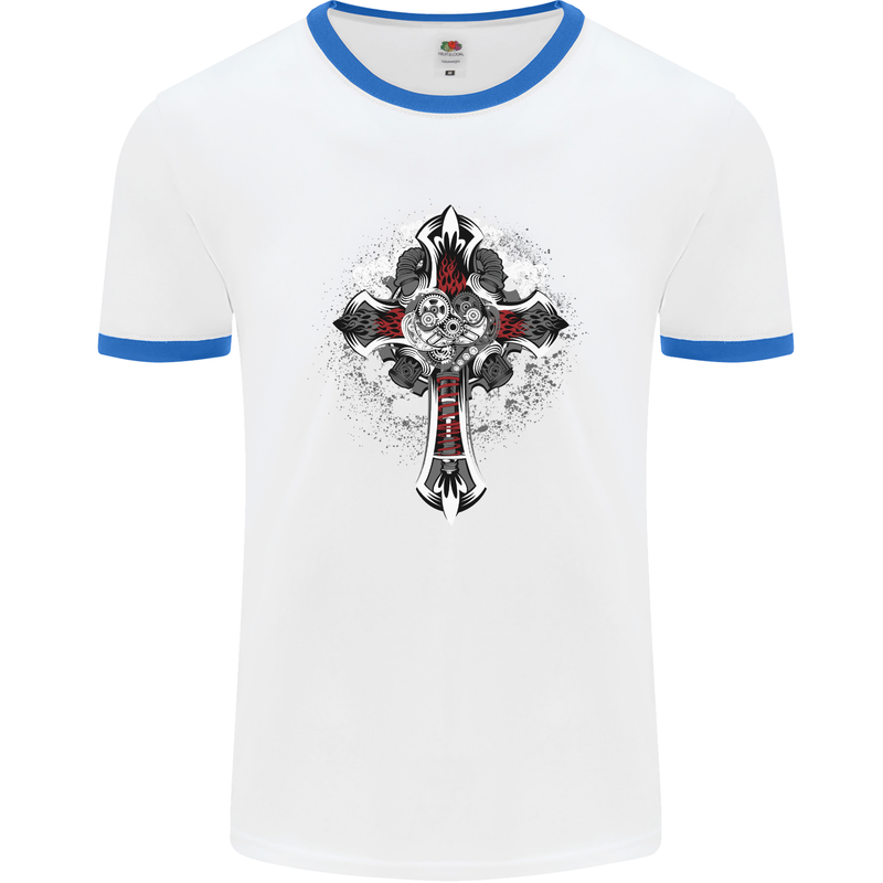 Steampunk Cross Gothic Heavy Metal Biker Mens White Ringer T-Shirt White/Royal Blue