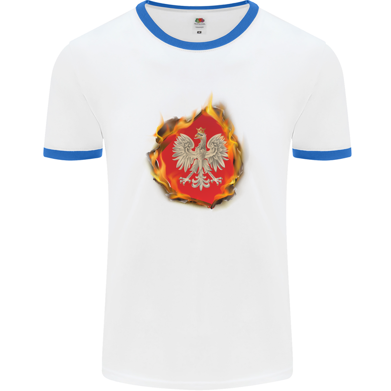 The of Polish Flag Fire Effect Poland Mens White Ringer T-Shirt White/Royal Blue