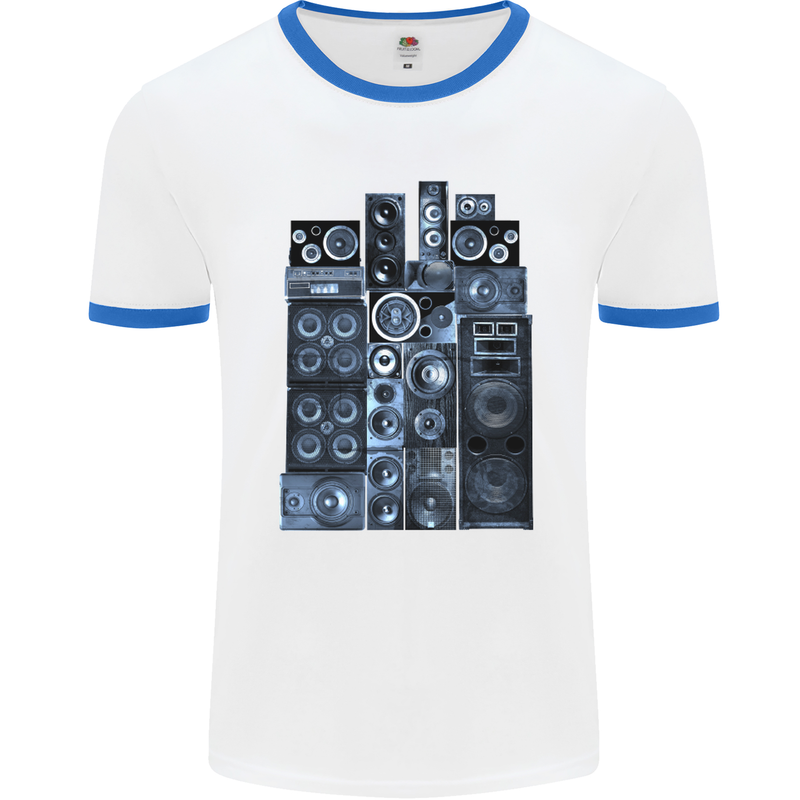 Speaker Stack Music HI-FI Mens White Ringer T-Shirt White/Royal Blue