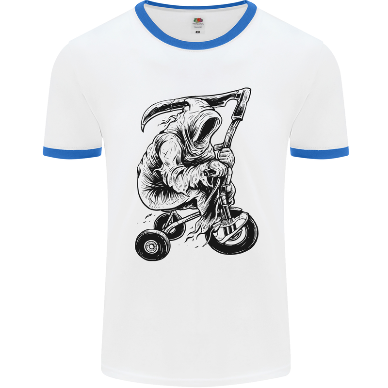 Grim Reaper Trike Bicycle Cycling Gothic Mens White Ringer T-Shirt White/Royal Blue