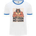 Gym Tiger No Pain No Gain Training Top Mens White Ringer T-Shirt White/Royal Blue