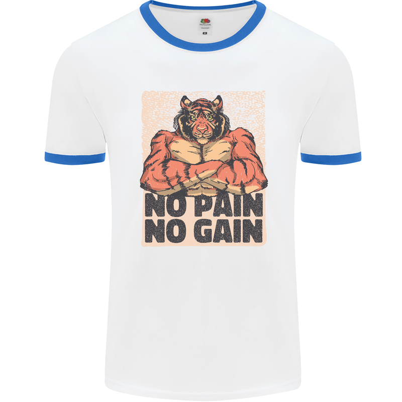 Gym Tiger No Pain No Gain Training Top Mens White Ringer T-Shirt White/Royal Blue