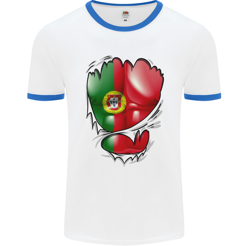 Gym Portuguese Flag Ripped Muscles Portugal Mens White Ringer T-Shirt White/Royal Blue