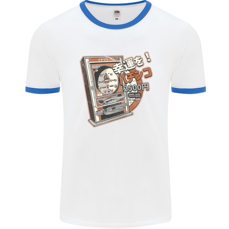 Pachinko Machine Arcade Game Pinball Mens White Ringer T-Shirt White/Royal Blue