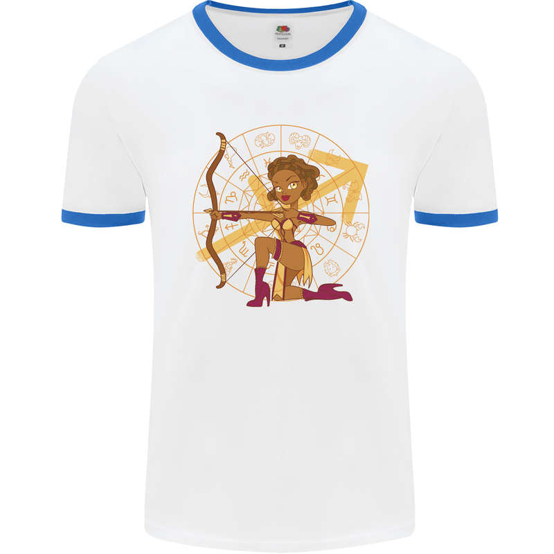 Sagittarius Female Archer Star Sign Mens Ringer T-Shirt White/Royal Blue
