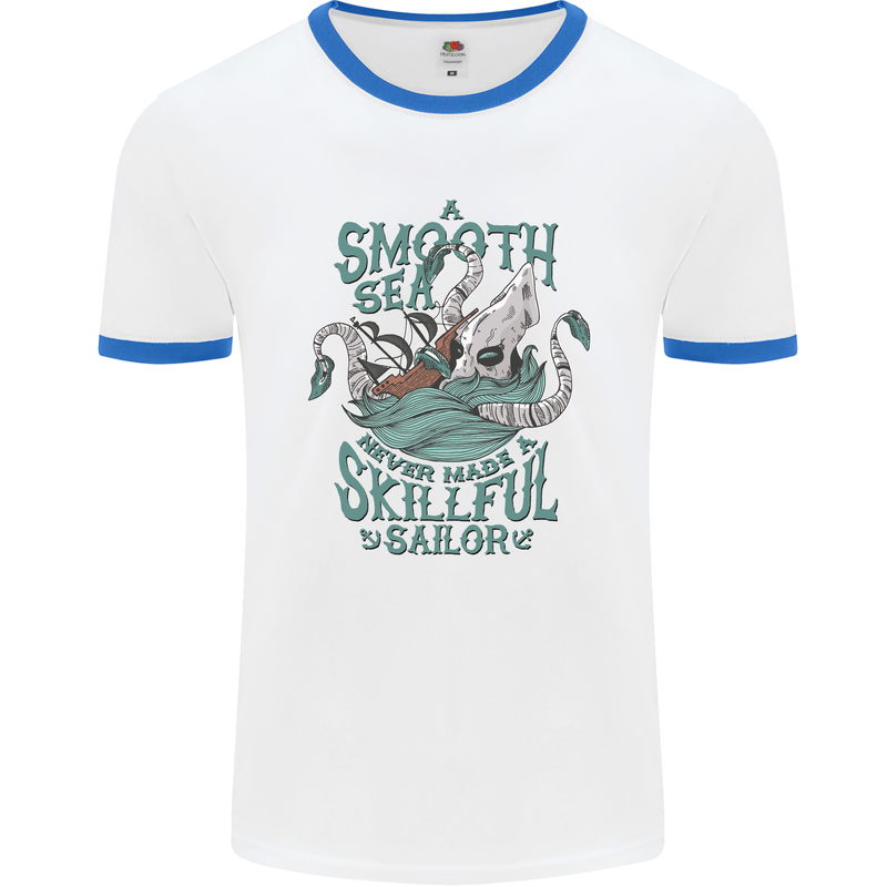 Skilful Sailor Kraken Sailing Octopus Mens White Ringer T-Shirt White/Royal Blue