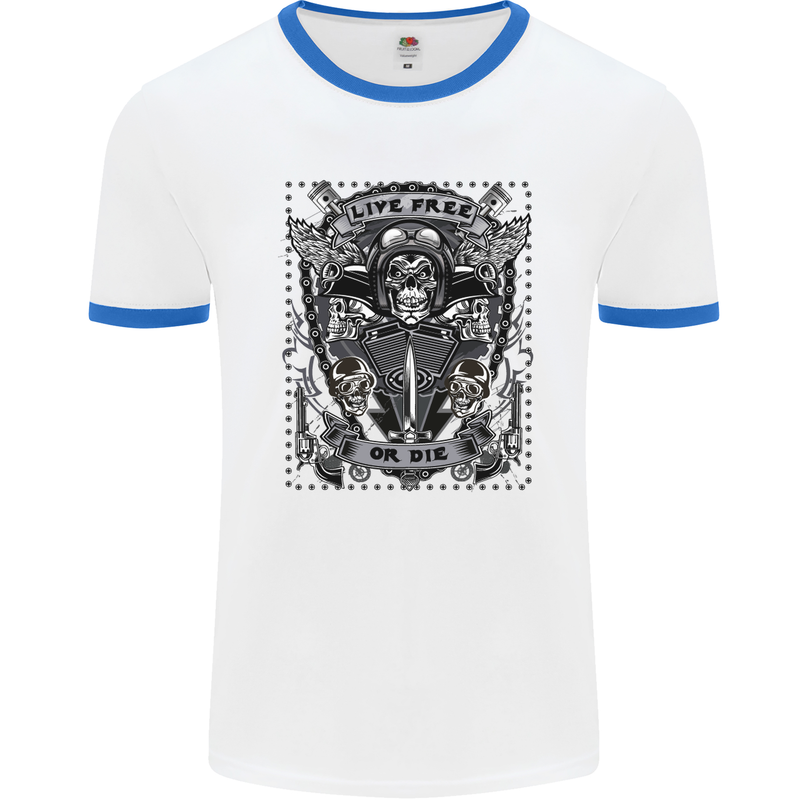 Live Free or Die Mens White Ringer T-Shirt White/Royal Blue