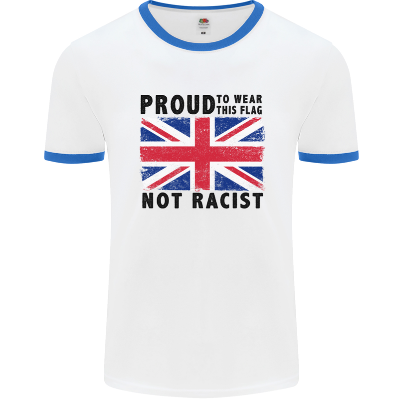 Proud to Wear Flag Not Racist Union Jack Mens White Ringer T-Shirt White/Royal Blue