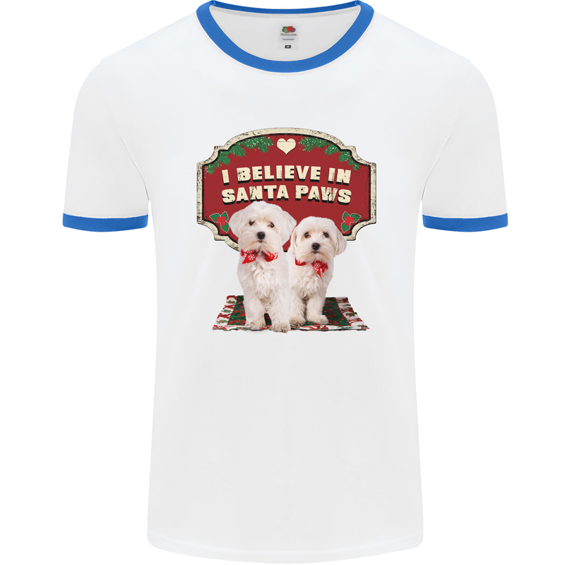 Christmas Maltese Funny Santa Paws Xmas Mens White Ringer T-Shirt White/Royal Blue