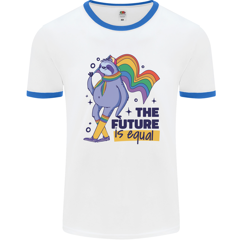 LGBT Sloth The Future Is Equal Gay Pride Mens White Ringer T-Shirt White/Royal Blue