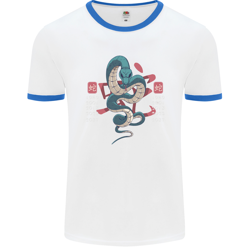 Chinese Zodiac Shengxiao Year of the Snake Mens White Ringer T-Shirt White/Royal Blue