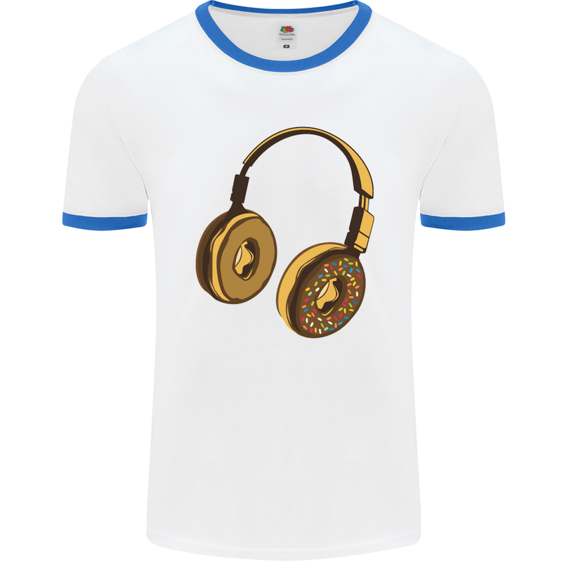 Donut Headphones Music DJ DJing Funny Mens White Ringer T-Shirt White/Royal Blue