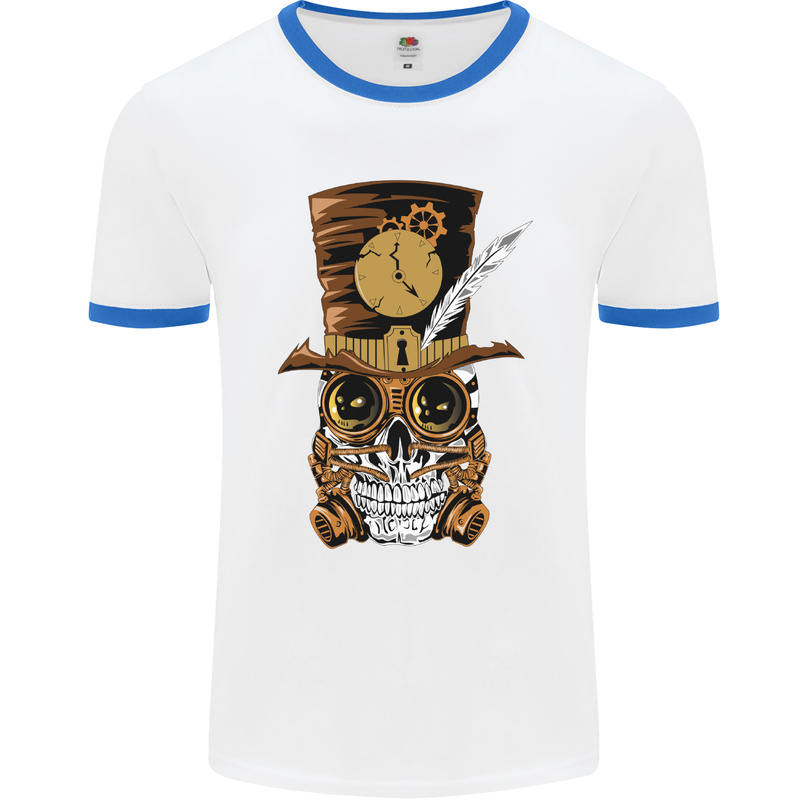 Steampunk Skull Mens White Ringer T-Shirt White/Royal Blue