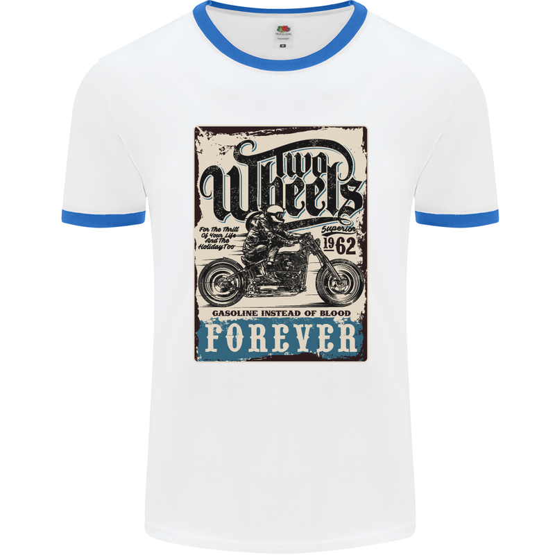 Two Wheels Biker Motorcycle Motorbike Mens White Ringer T-Shirt White/Royal Blue