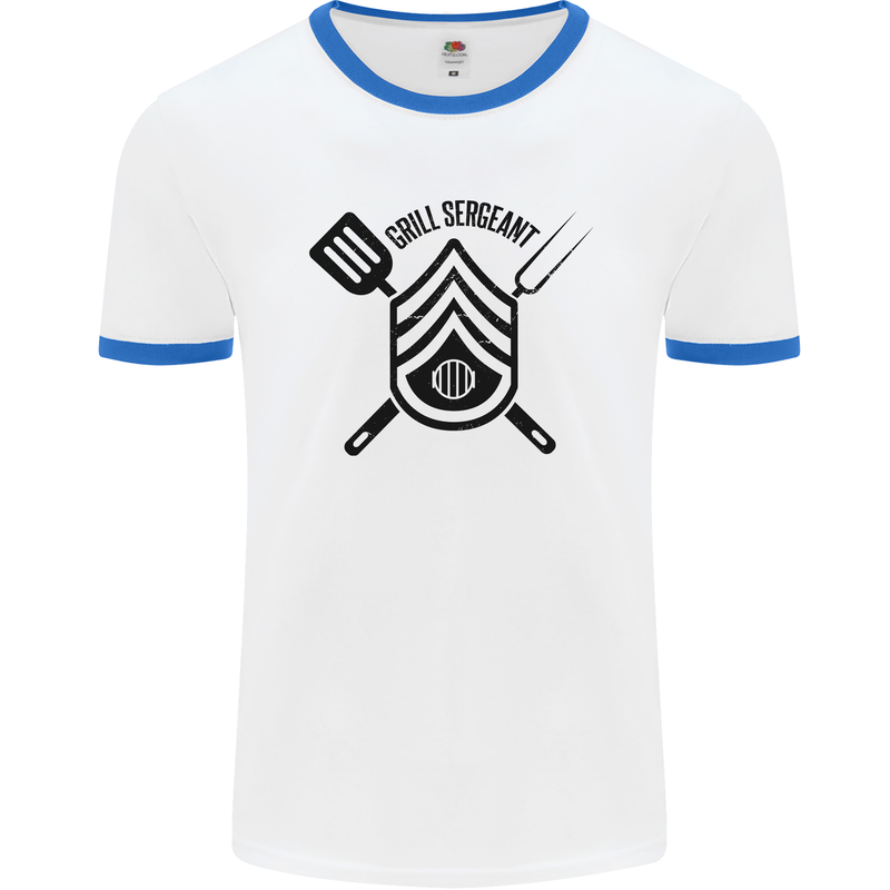 BBQ Grill Sergeant Chef Cook Food Funny Mens White Ringer T-Shirt White/Royal Blue