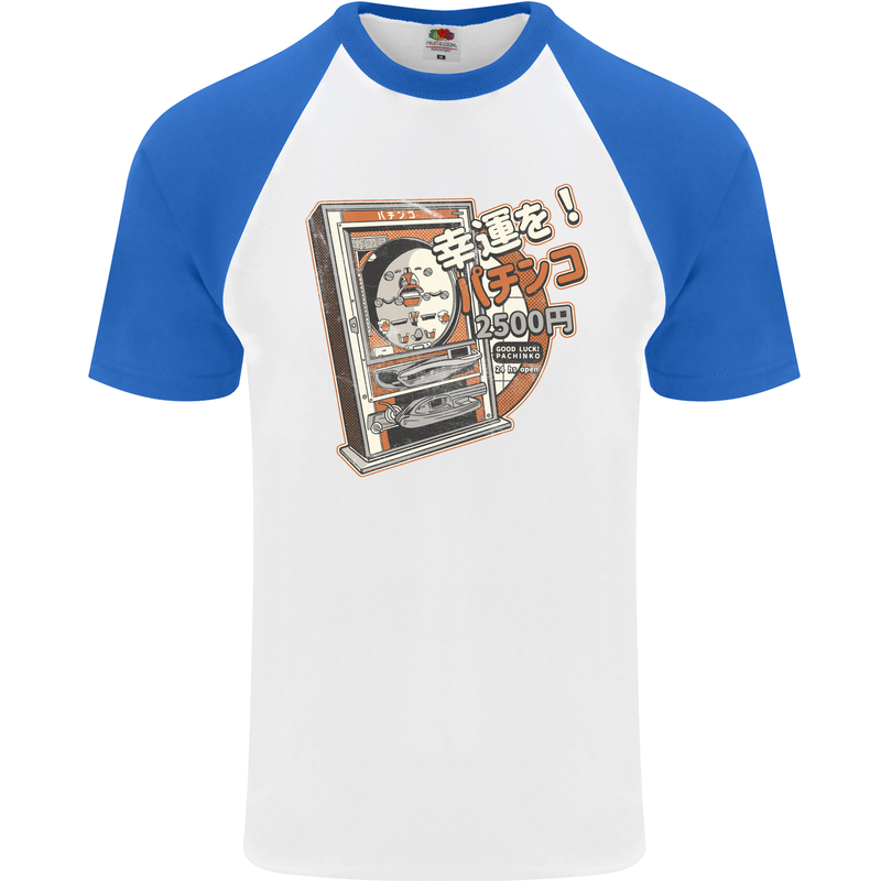 Pachinko Machine Arcade Game Pinball Mens S/S Baseball T-Shirt White/Royal Blue