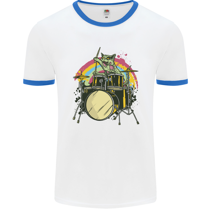 Zombie Cat Drummer Mens White Ringer T-Shirt White/Royal Blue