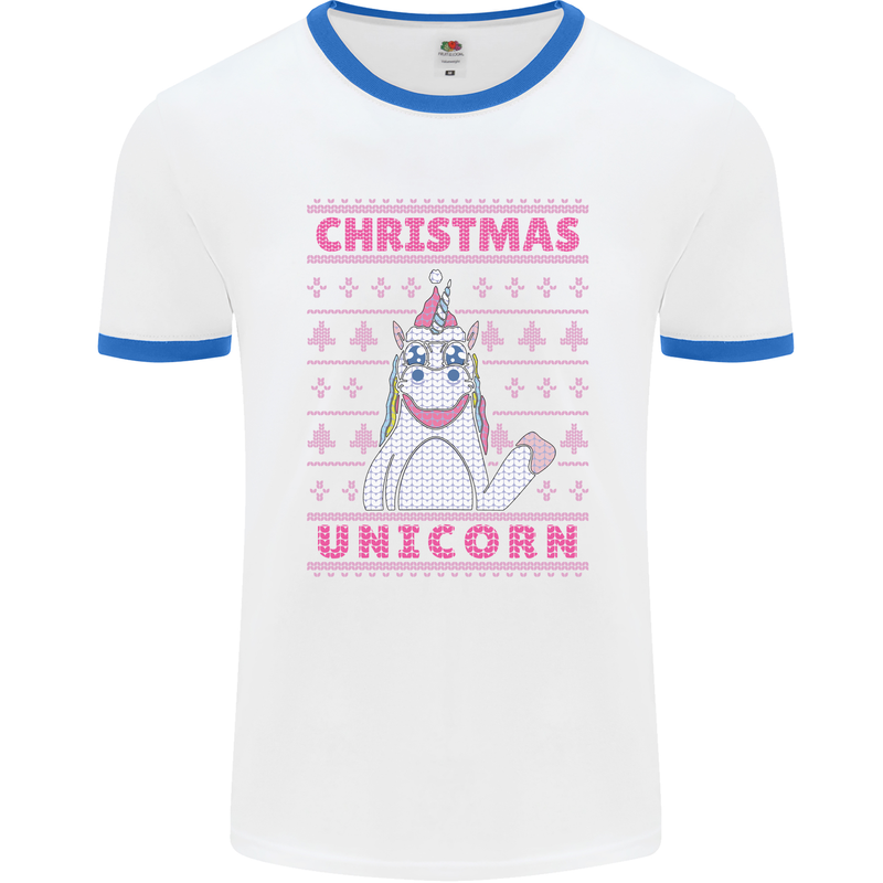 Funny Christmas Unicorn Mens White Ringer T-Shirt White/Royal Blue