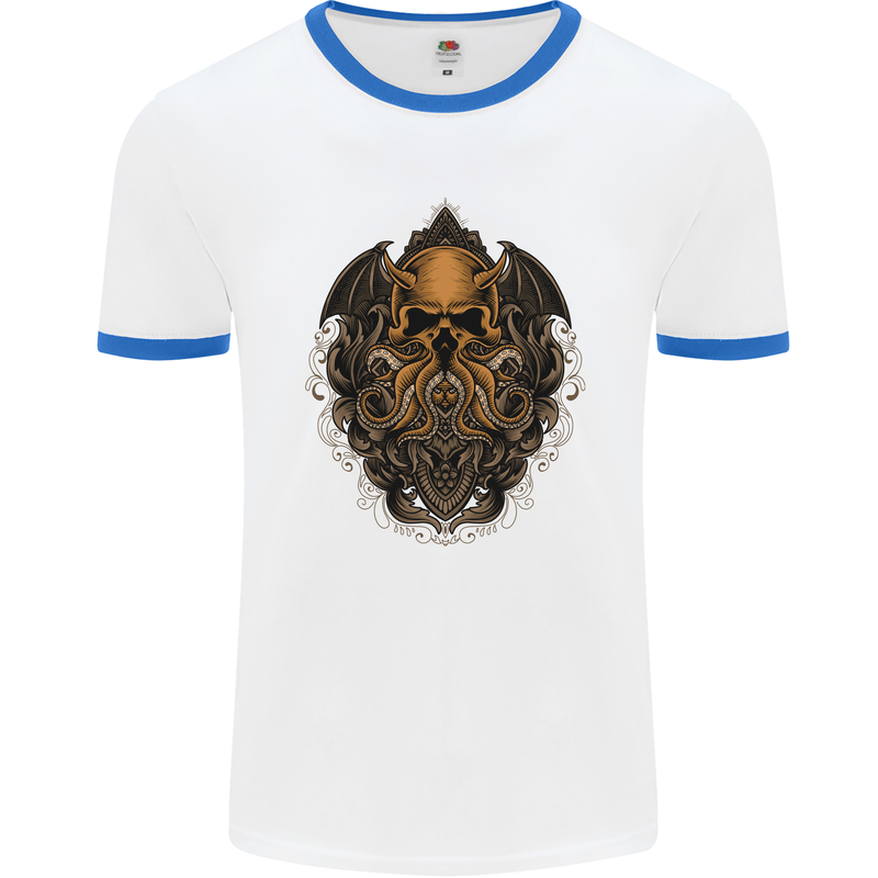 Cthulhu Octopus Kraken Devil Skull Demon Mens White Ringer T-Shirt White/Royal Blue