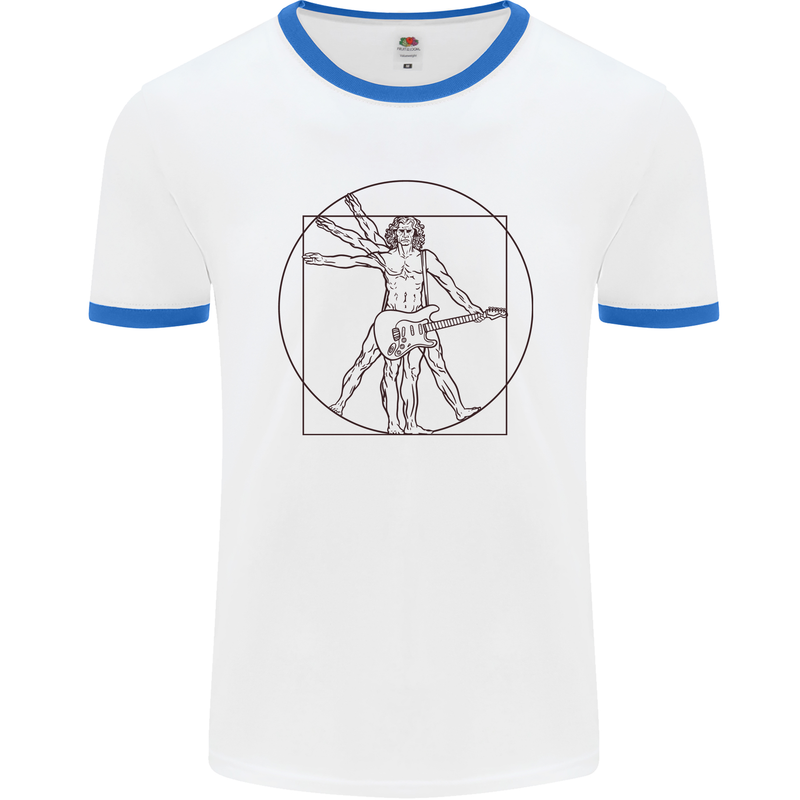 Guitar Vitruvian Man Guitarist Mens White Ringer T-Shirt White/Royal Blue