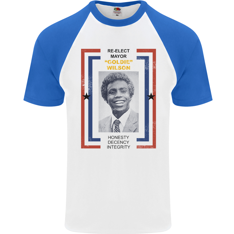 Re-Elect Mayor Goldie Wilson 80's Movie Mens S/S Baseball T-Shirt White/Royal Blue
