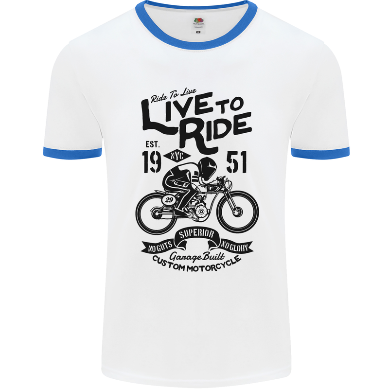 Live to Ride Motorbike Motorcycle Biker Mens White Ringer T-Shirt White/Royal Blue