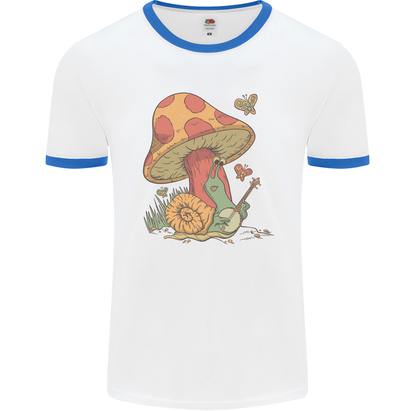 A Snail Playing the Banjo Under a Mushroom Mens White Ringer T-Shirt White/Royal Blue