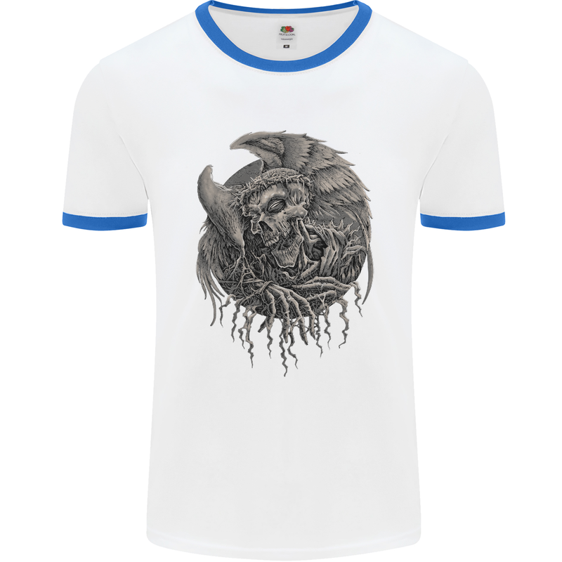 Angel Skull of Death Biker Motorbike Gothic Mens White Ringer T-Shirt White/Royal Blue