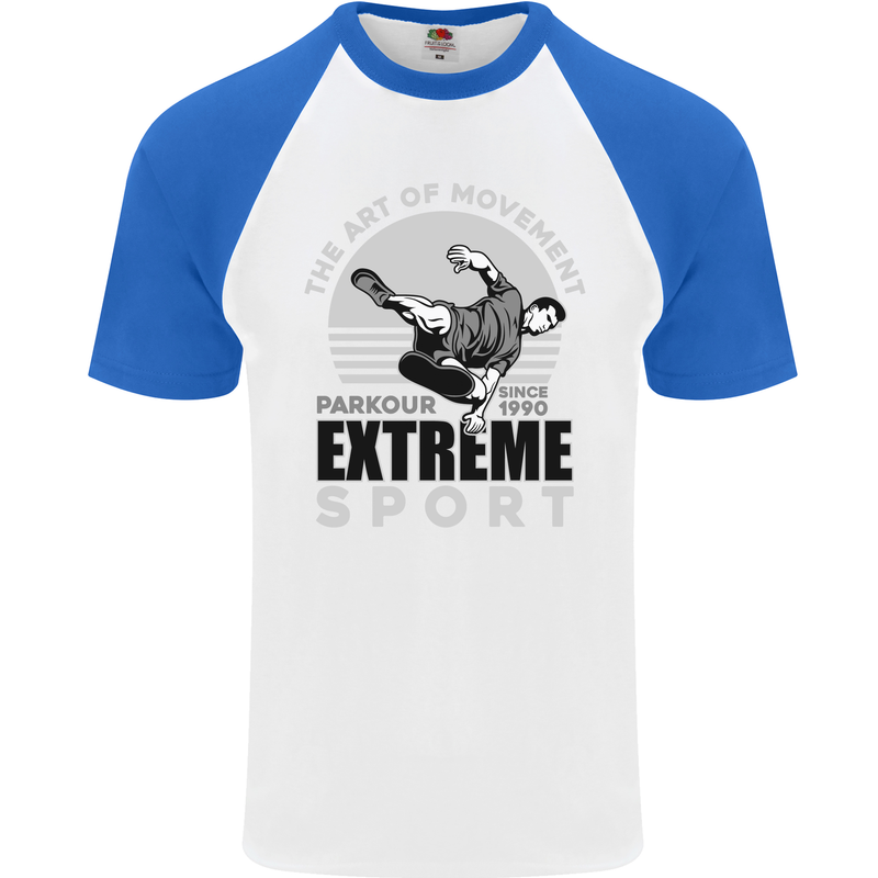 Parkour Free Running the Art of Movement Mens S/S Baseball T-Shirt White/Royal Blue