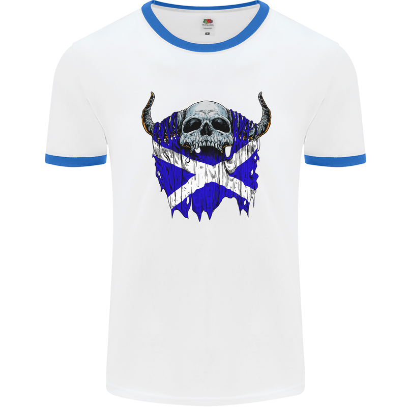 Scotland Flag Skull Scottish Biker Gothic Mens White Ringer T-Shirt White/Royal Blue