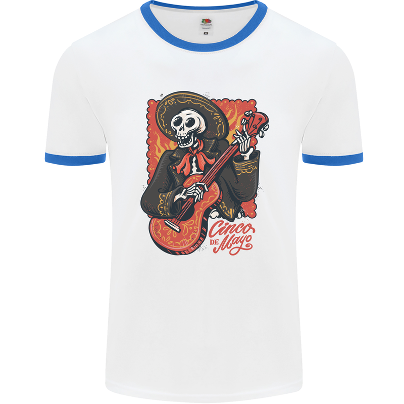 Mariachi Skeleton Cinco De Mayo Skull Mens White Ringer T-Shirt White/Royal Blue