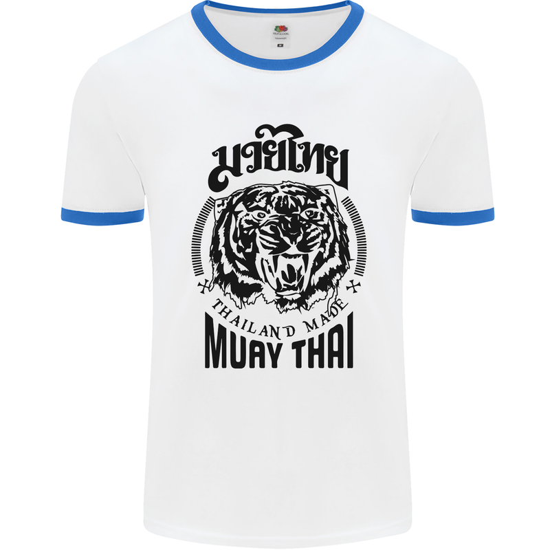 Muay Thai Fighter Warrior MMA Martial Arts Mens White Ringer T-Shirt White/Royal Blue