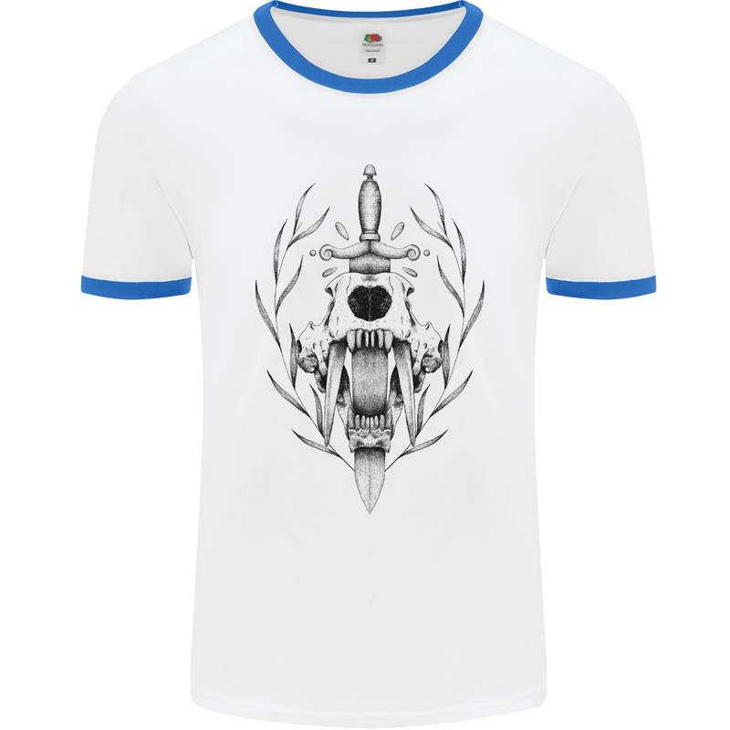 Sabre Tooth Tiger Skull Sword Mens White Ringer T-Shirt White/Royal Blue