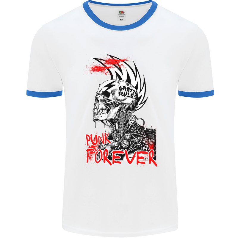 Punk Forever Rocker Skull Music Festival Mens White Ringer T-Shirt White/Royal Blue