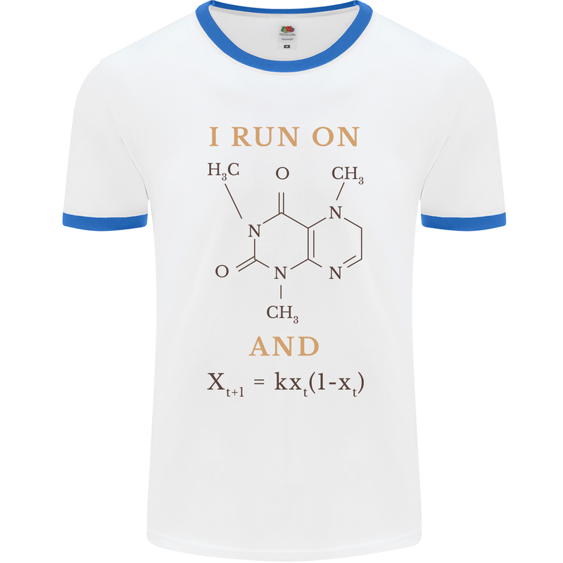 Coffee I Run On Caffeine and Chaos Funny Mens White Ringer T-Shirt White/Royal Blue
