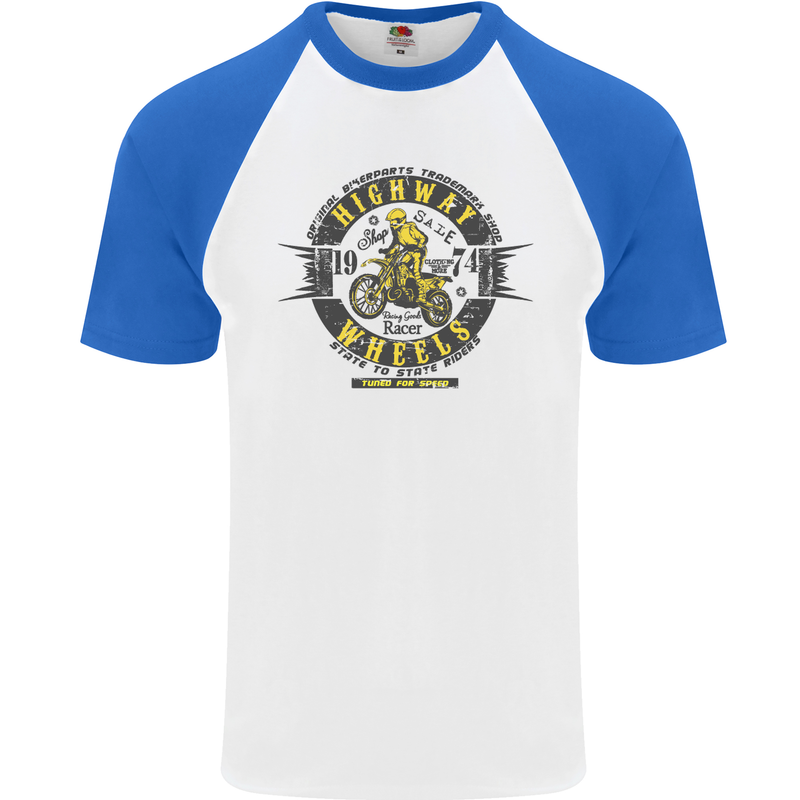 Highway Wheels Motocross Motorcycle Mens S/S Baseball T-Shirt White/Royal Blue