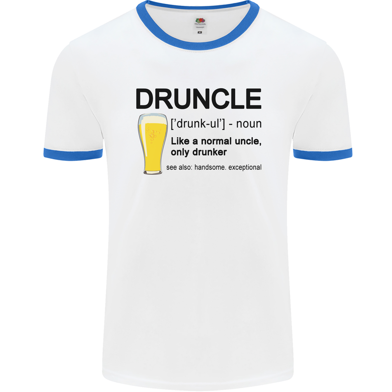 Druncle Uncle Funny Beer Alcohol Day Mens White Ringer T-Shirt White/Royal Blue