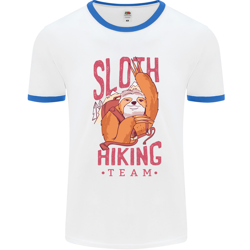 Sloth Hiking Team Trekking Rambling Funny Mens White Ringer T-Shirt White/Royal Blue