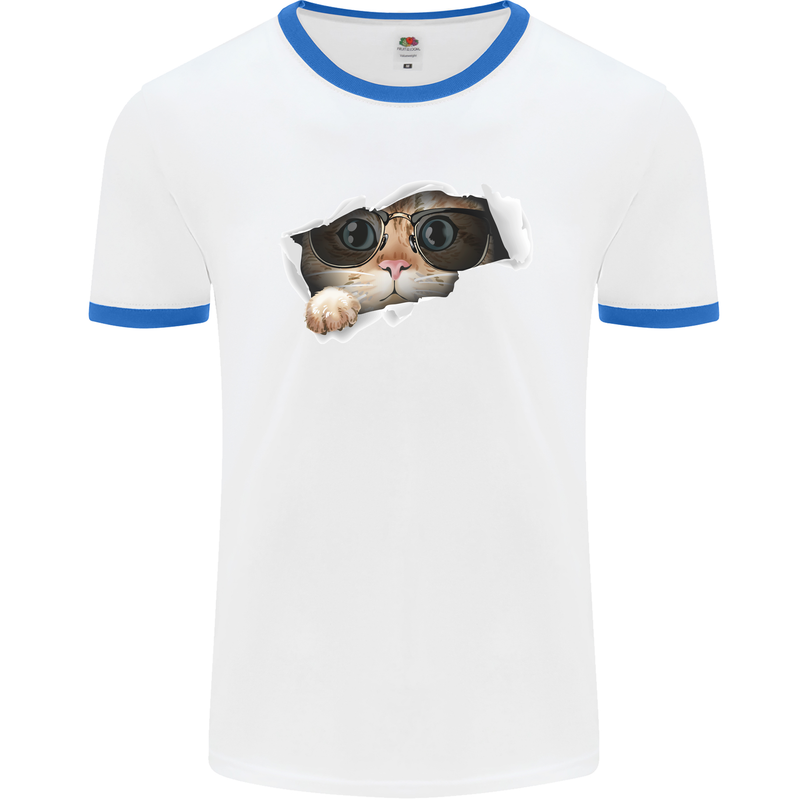 A Funny Cat Peeking From a Ripped Top Mens White Ringer T-Shirt White/Royal Blue