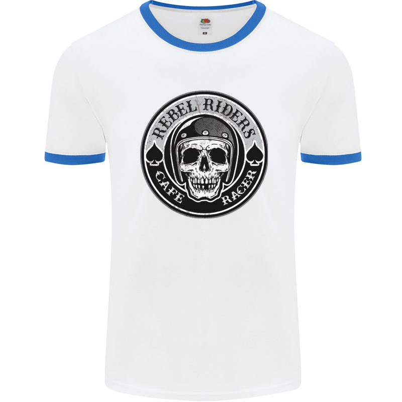 Rebel Cafe Racer Biker Motorbike Motorcycle Mens White Ringer T-Shirt White/Royal Blue