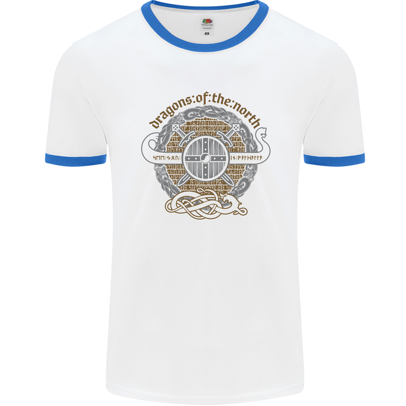 Dragons North Viking Valhalla Thor Odin Mens White Ringer T-Shirt White/Royal Blue