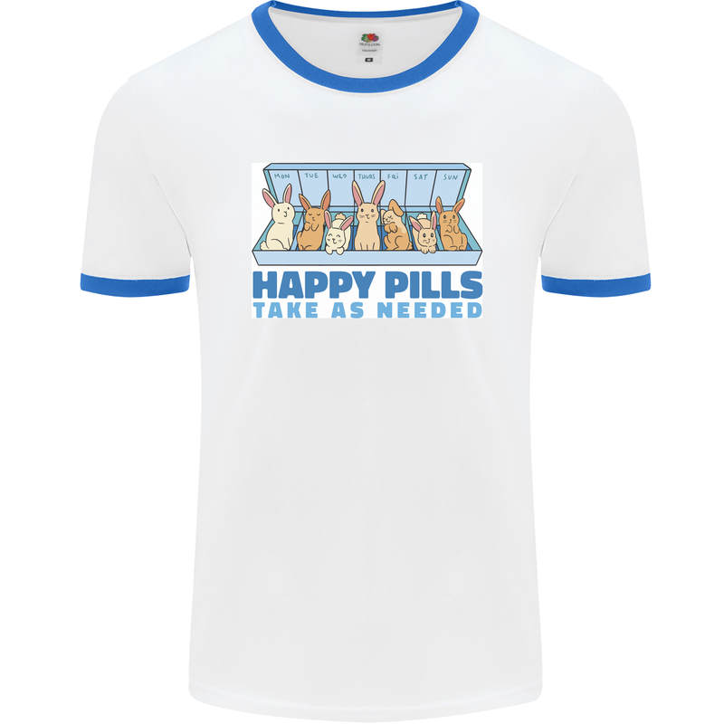 Bunny Rabbit Happy Pills Antidepressant Mens Ringer T-Shirt White/Royal Blue