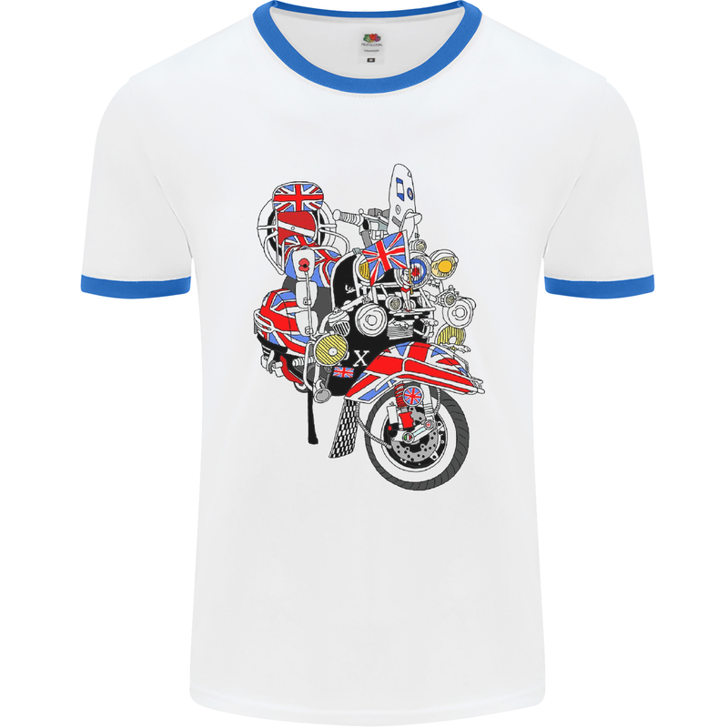 Union Jack MOD Scooter British Flag Bike Mens White Ringer T-Shirt White/Royal Blue