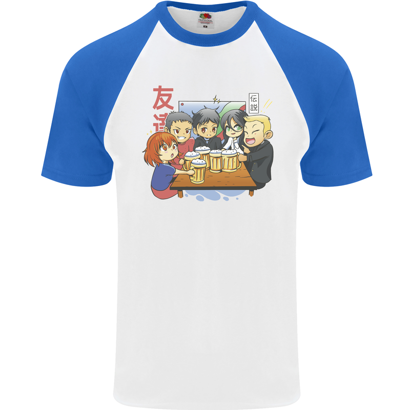 Chibi Anime Friends Drinking Beer Mens S/S Baseball T-Shirt White/Royal Blue