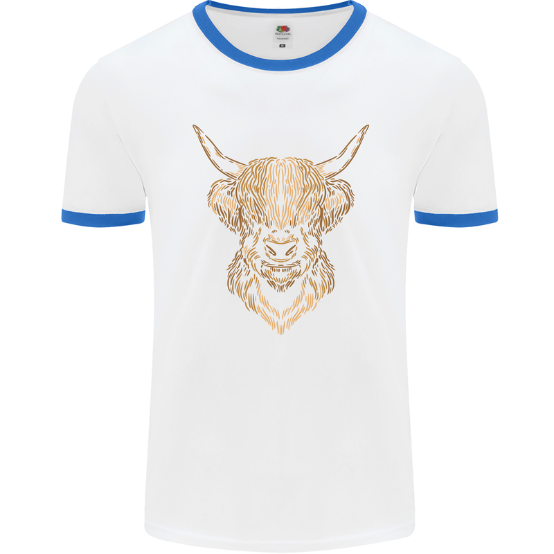 A Highland Cow Drawing Mens White Ringer T-Shirt White/Royal Blue