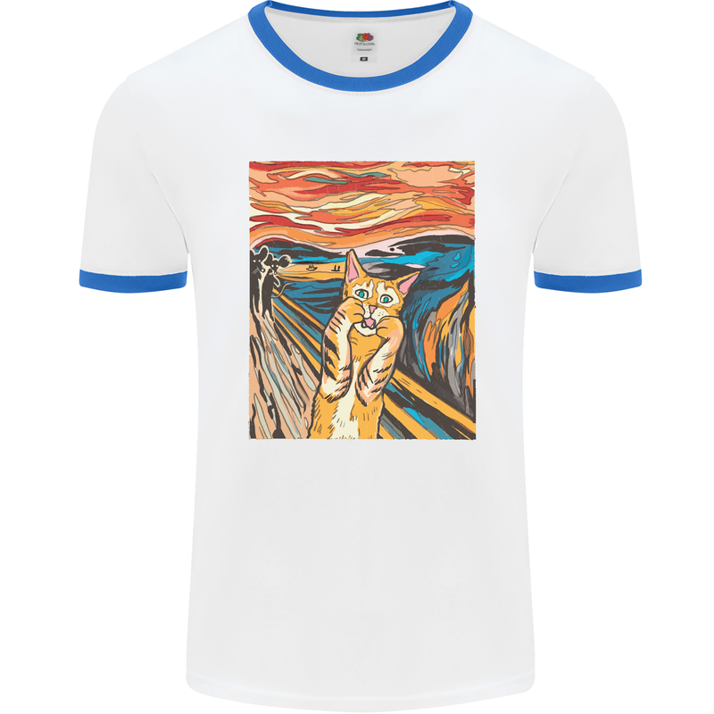 Cat Scream Painting Parody Mens White Ringer T-Shirt White/Royal Blue